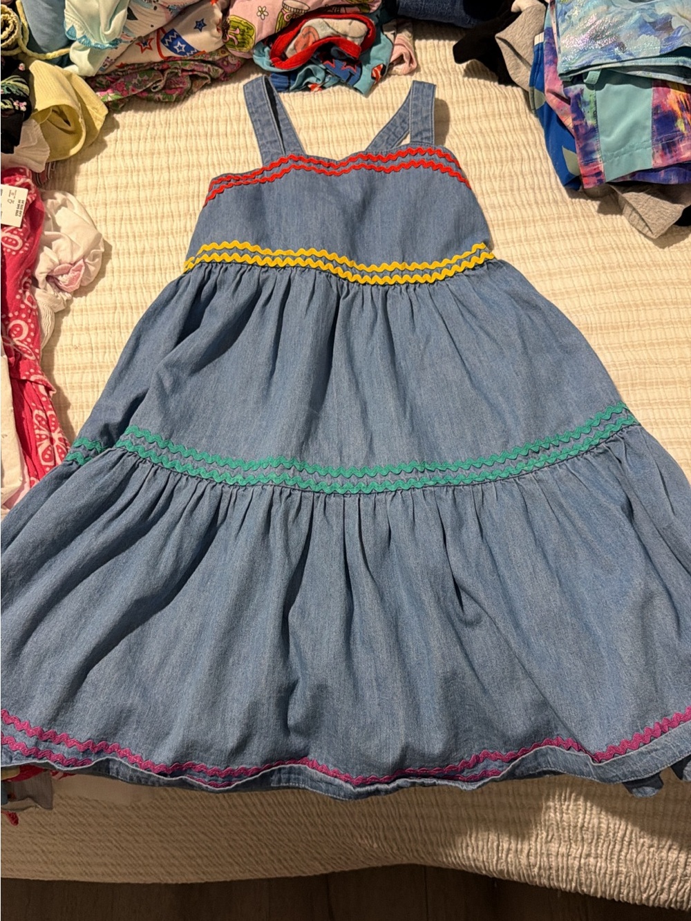 Hanna Andersson Blue Chambray Tiered Dress with Red, Yellow, Green and Pink Trim
